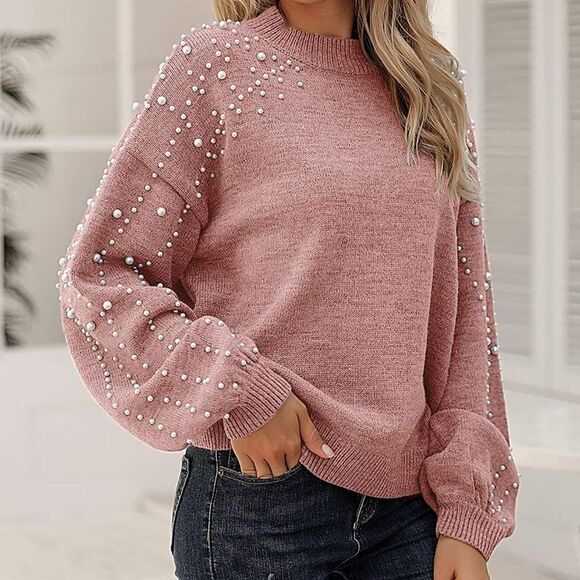 B soft mock turtleneck sweater, mauve pink, balloon sleeve w/ white pearls M - Picture 4 of 6